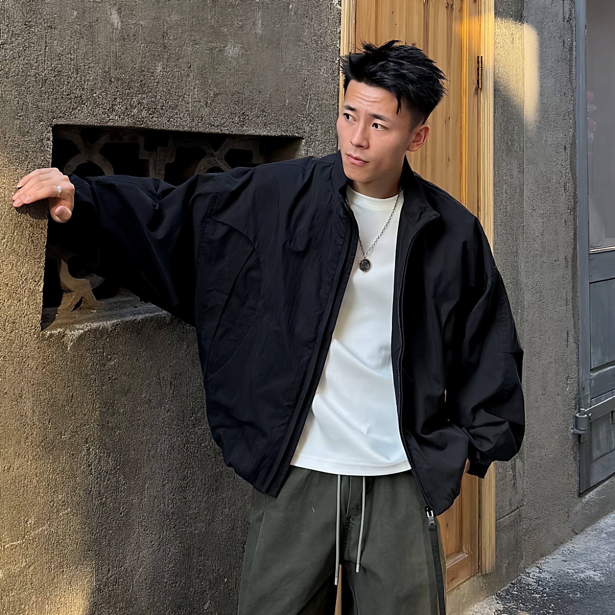 秋季新款美式潮牌立领夹克外套男蝙蝠袖百搭痞帅硬汉短款休闲上衣