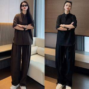 夏季新款冰丝凉感休闲套装男简约纯色轻薄短袖衬衫休闲裤两件套