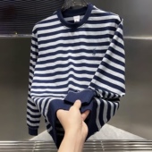 秋季 上衣 百搭舒适弹力休闲打底衫 新款 潮牌刺绣条纹圆领卫衣男时尚