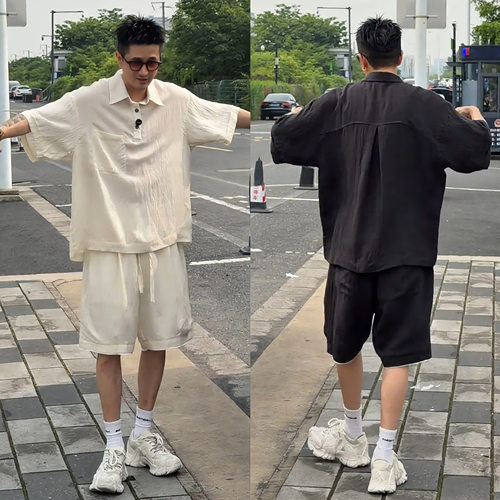 莱赛尔透气休闲套装翻领短袖短裤
