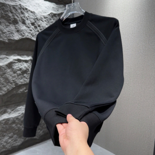 春秋新款简约时尚休闲长袖圆领卫衣男高档宽松百搭纯色上衣打底衫