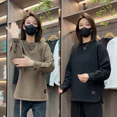 秋冬新款 上衣 百搭保暖侧开叉长袖 加绒潮牌纽扣袖 圆领卫衣宽松时尚