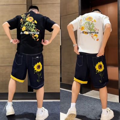 潮牌刺绣向日葵短袖短裤两件套