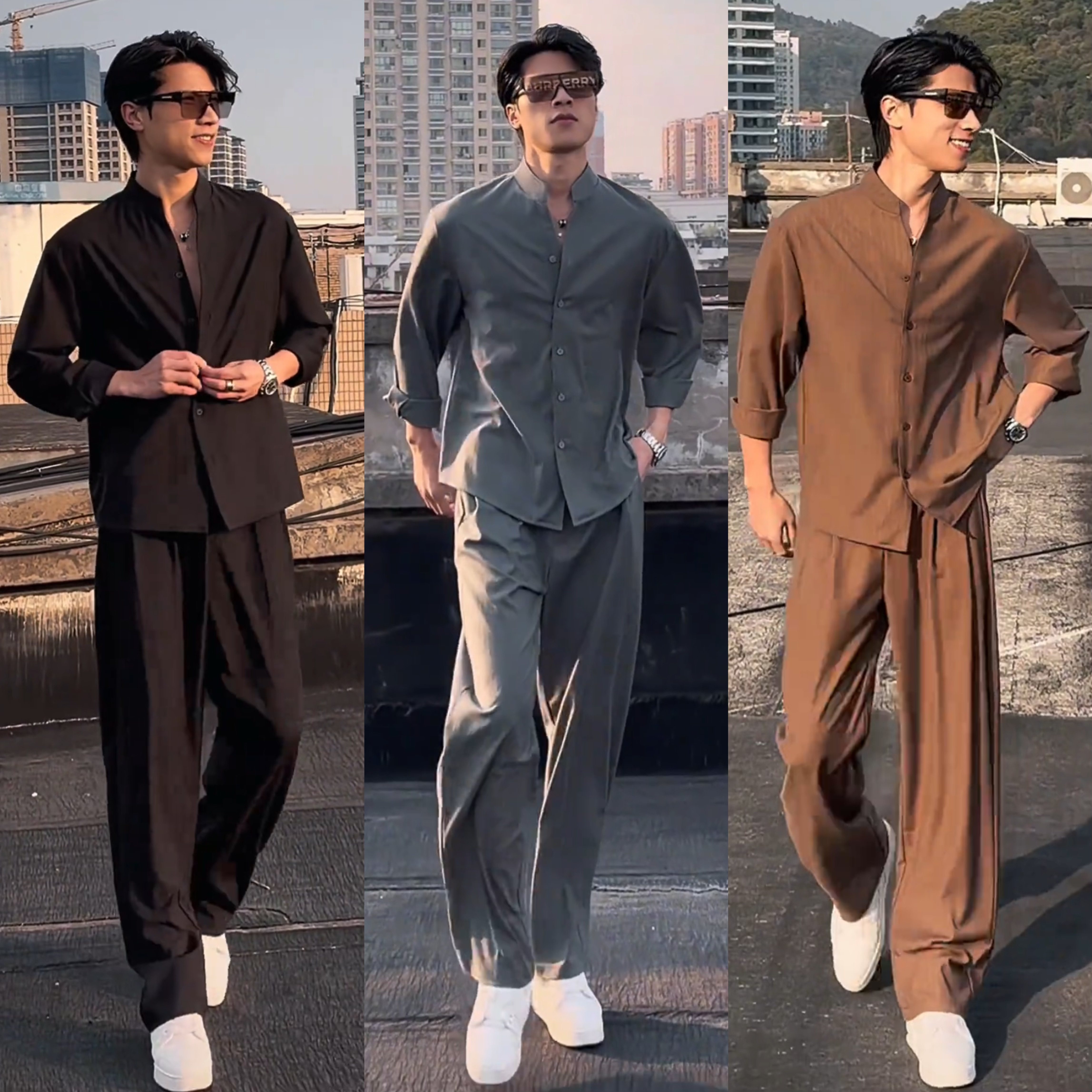 夏季新款莫代尔冰丝凉感休闲套装男时尚衬衫上衣垂感休闲裤两件套