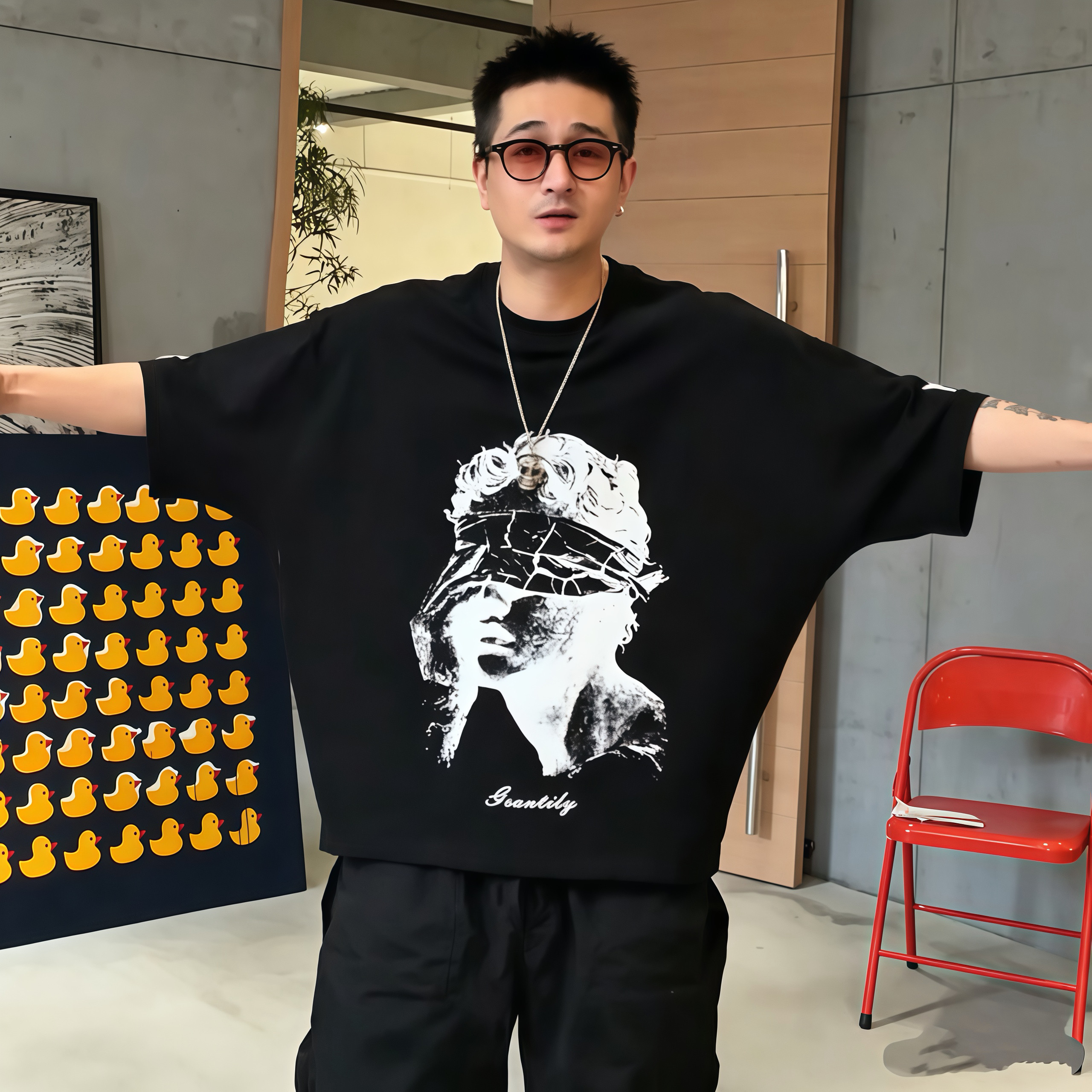 夏季爆款潮牌蝙蝠袖圆领短袖男士美式痞帅百搭显瘦设计感休闲T恤