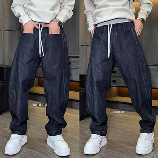 潮牌宽松百搭拖地直筒休闲裤 春秋新款 男士 六兜弯刀阔腿牛仔裤 时尚