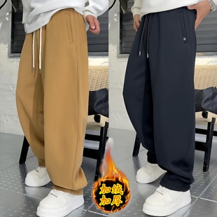 百搭宽松加绒保暖直筒卫裤 2025冬季 时尚 男士 极简风刺绣阔腿休闲裤