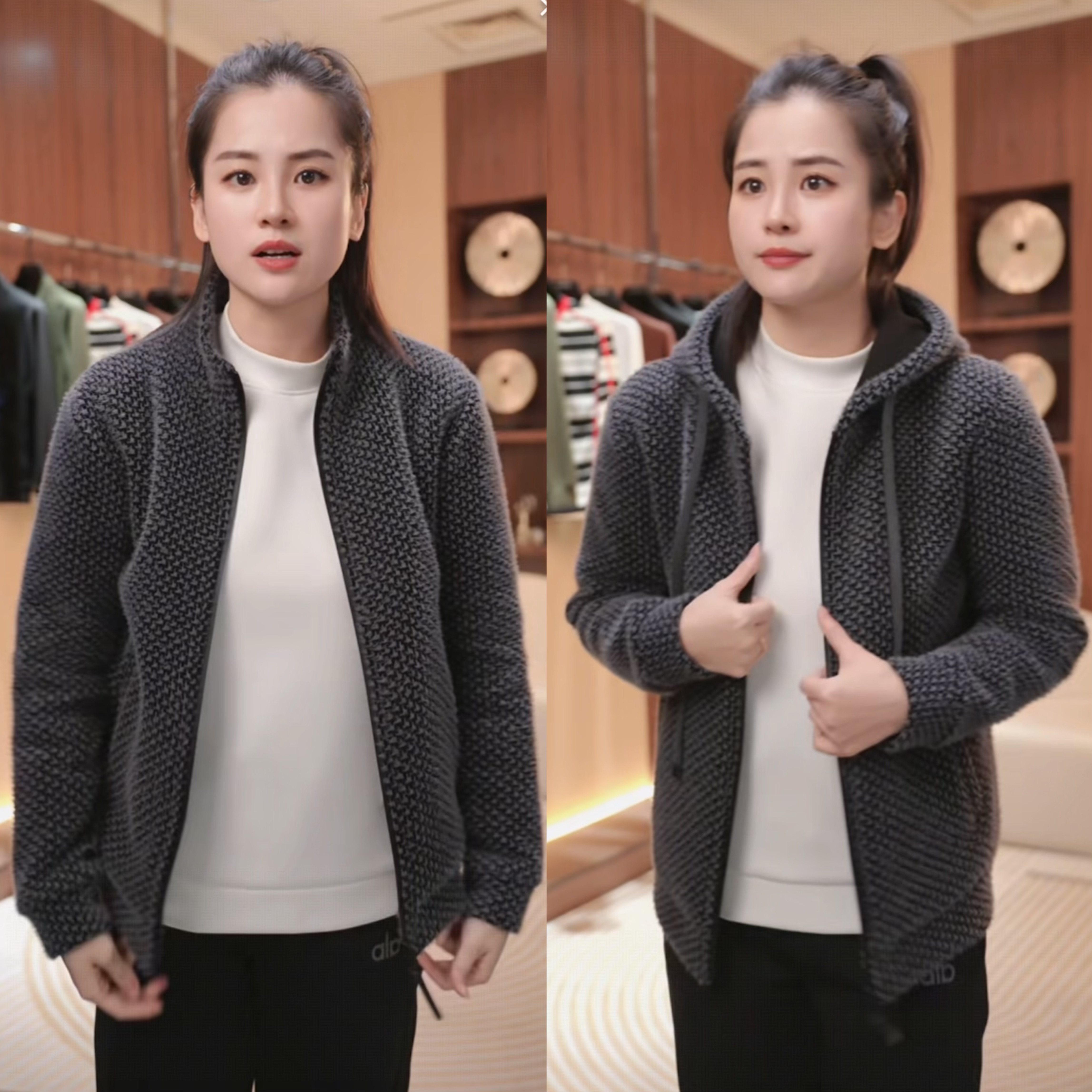 冬季新款潮牌千鸟格连帽开衫卫衣男时尚轻奢百搭宽松立领夹克外套