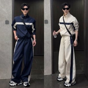 美式撞色潮牌立领夹克阔腿裤两件套男士秋季时尚百搭休闲运动套装