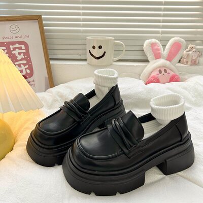 黑色大头厚底小皮鞋女2026新款春秋季英伦风一脚蹬粗跟增高乐福鞋