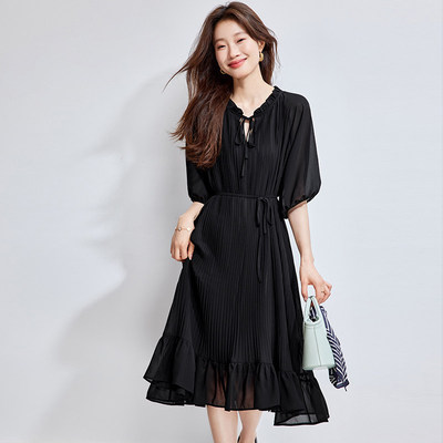 气场强大轻奢真丝桑蚕丝黑色连衣裙2026夏季新款今年流行爆款裙子