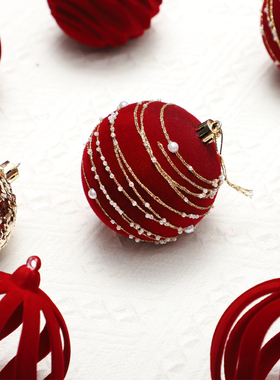 2025新款圣诞球圣诞树装饰品植绒彩绘球红色镂空松果挂件橱窗布置