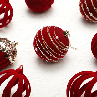 2025新款圣诞球圣诞树装饰品植绒彩绘球红色镂空松果挂件橱窗布置