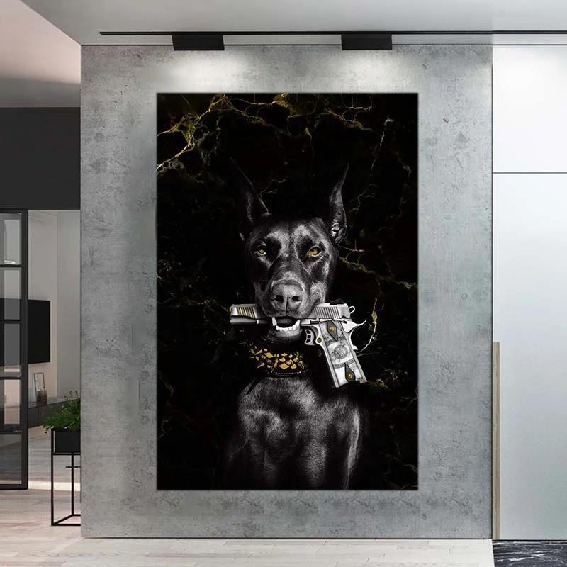 新款现代黑色猎狗带枪动物帆布画客厅玄关走廊家居墙面装饰画画芯图片