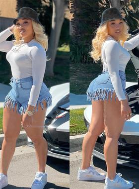 ZT60816#可溯源跨境ebay亚马逊牛仔裤 欧美女装潮流流苏牛仔短裤