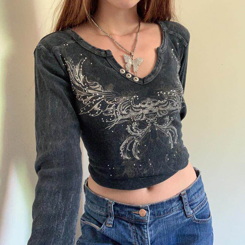 2021秋季欧美风外贸女装ins网红街头复古辣妹烫钻印花长袖T恤女潮