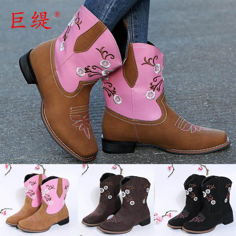 现货当天代发 2022秋冬外贸新款大码刺绣尖头女式马丁靴boots