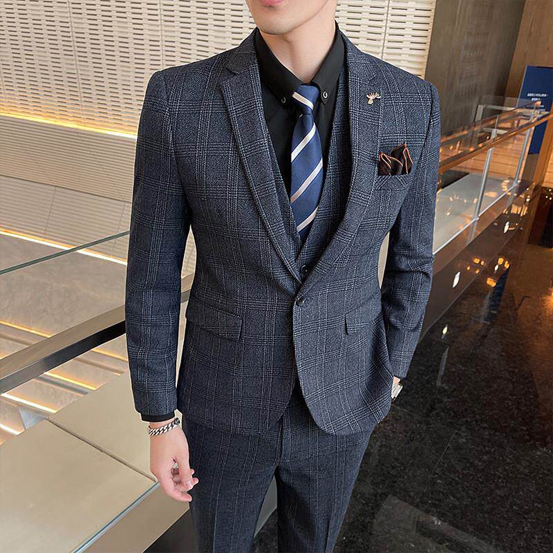一件代发 2022新款男士格子西装商务休闲宴会礼服韩版西服三件套