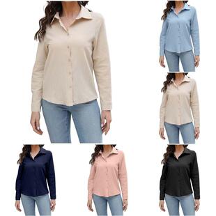 V领纽扣女装 大码 棉麻衬衣 2023欧美亚马逊新款