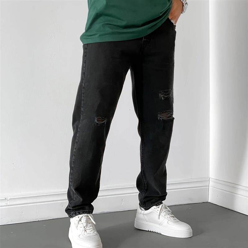 亚马逊跨境新款高质量欧美男士黑色破洞休闲宽松小直筒牛仔裤