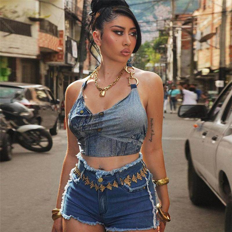 欧美风2022秋季女装时尚拼接拉毛性感包臀紧身街拍休闲牛仔短裤女