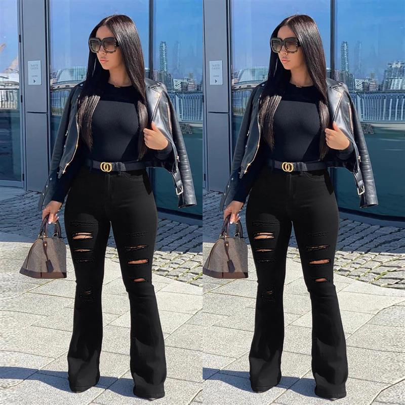 ZT60314#欧美wish跨境ebay亚马逊女装 破洞显瘦微喇牛仔马蹄裤女