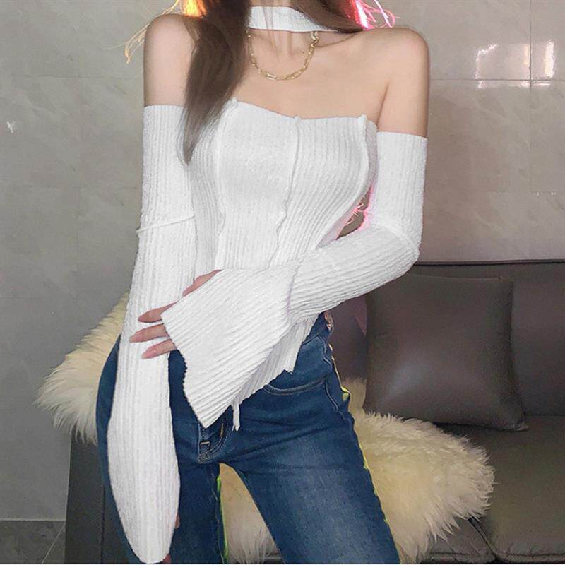 欧美时尚潮流2022外贸秋季新品女装纯色性感挂脖一字肩高腰连衣裙