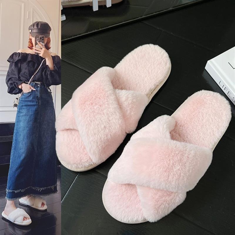 秋冬毛茸茸时尚家居交叉露趾外穿毛毛拖鞋女平底防滑棉拖保暖女鞋图片