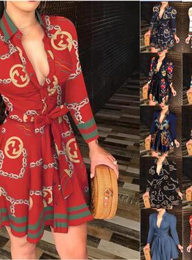 2021eBay 速卖通秋冬新款 长袖V领绑带时尚性感印花连衣裙 现货30