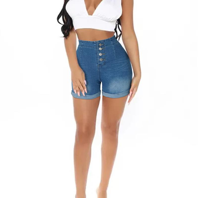 wish跨境外贸ebay 亚马逊欧美高弹高腰修身纯色女款牛仔短裤