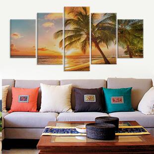 海边夕阳椰子树风景五联画家居装饰挂画框画芯一件代发