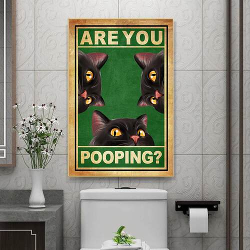 新款Are you pooping复古创意猫咪帆布挂画卫生间厕所内框装饰画
