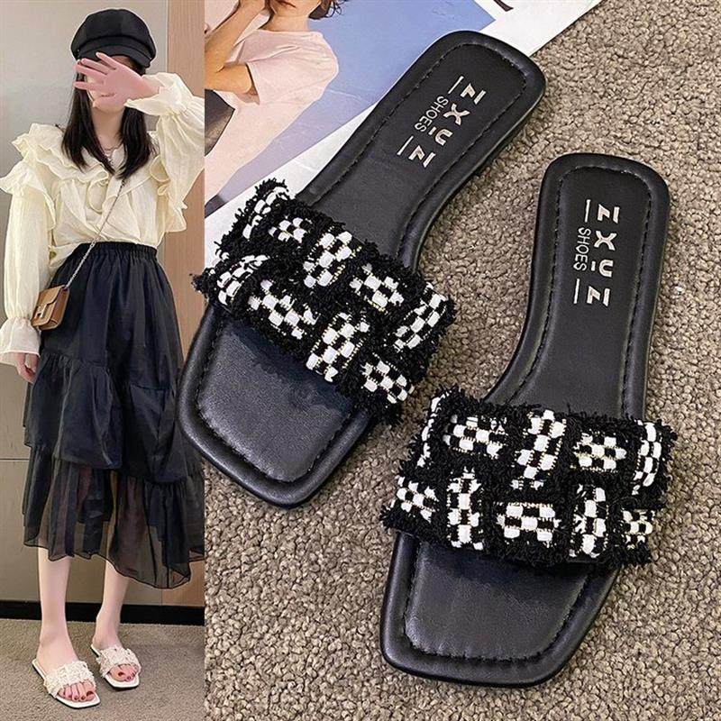 2023夏季新款平底时尚女小香风一字凉拖鞋棋盘格女方头沙滩拖鞋,女鞋,一字拖,淘宝优惠券,粉丝福利购,淘宝优惠卷