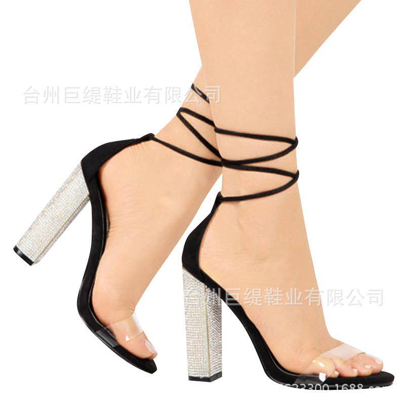 2018现货外贸大码wish欧美性感绑带高跟亚马逊女鞋后跟加钻凉鞋女
