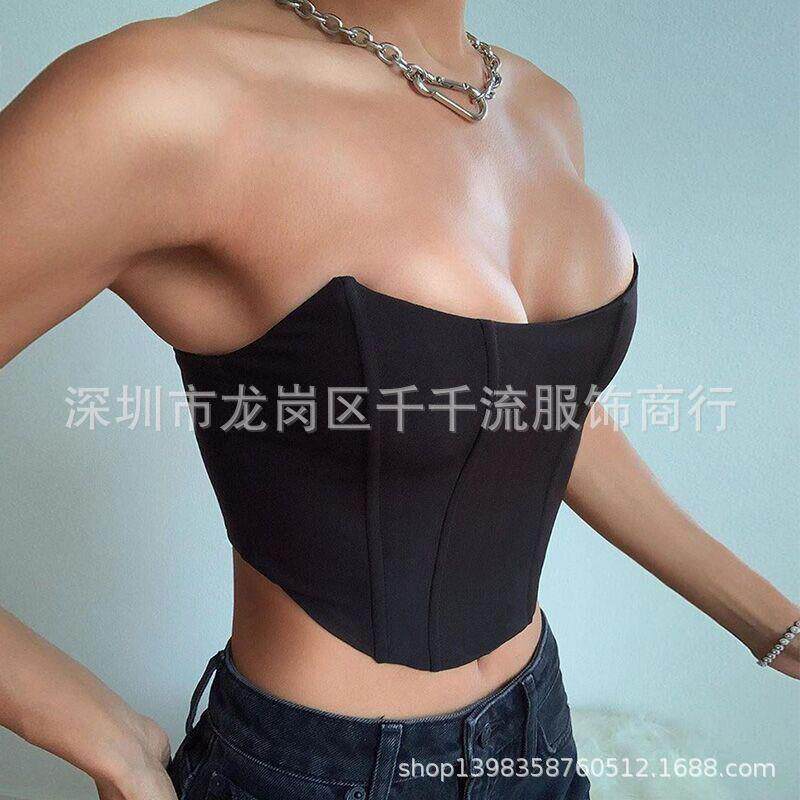 有光色丁弧形裹胸女 欧美俏皮性感风露背露脐一字领修身上衣 现货