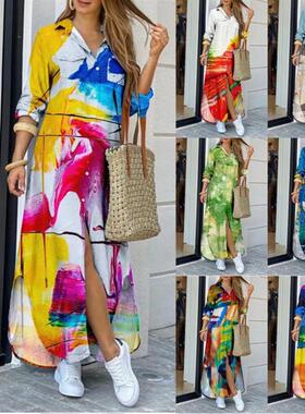 跨境女装亚马逊ebay2022新款欧美春夏时尚印花性感衬衫长裙连衣裙