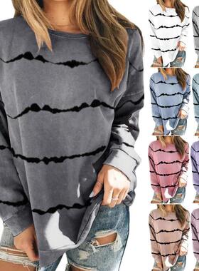 2020女装 亚马逊wish扎染条纹印花长袖T恤卫衣