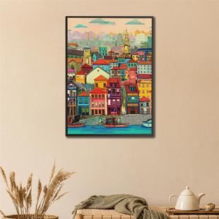 跨境彩色海边房屋帆布画客厅卧室墙壁背景墙面装饰框油布画芯