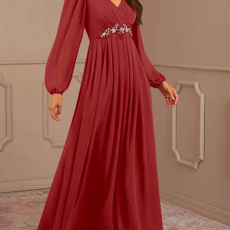 2023亚马逊独立站新款欧美V领雪纺优雅修身礼服长裙连衣裙