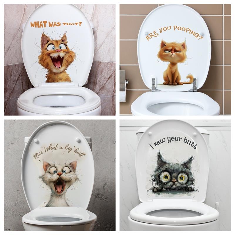 跨境创意3D猫趣味猫咪动物卫生间马桶贴画家居装饰墙贴自粘画防水图片