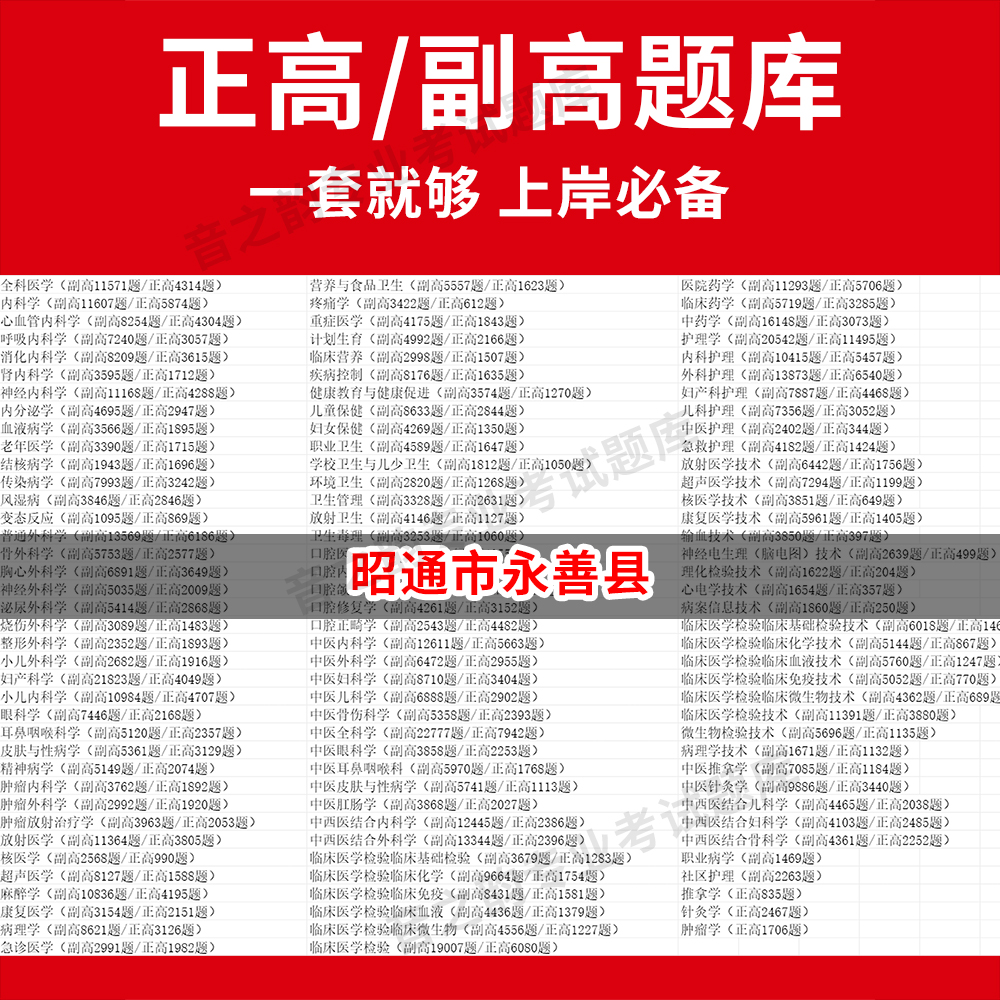 昭通市永善县医学高级职称副高正高级考试宝典题库卫生高级职称历年真题护理学教材妇产科副主任医师护师中医内科学超声医学全科放