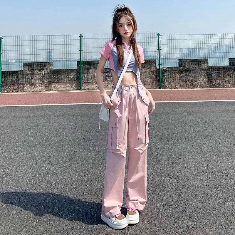 广州市煜华服装有限公司甜妹粉色工装裤2023夏季新款高腰宽松纯欲