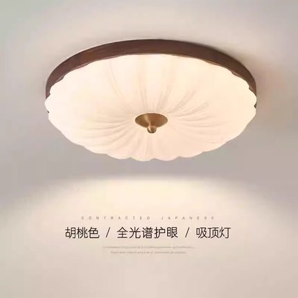 中古风胡桃木卧室灯美式复古圆形吸顶灯全光谱书房间led中山灯具