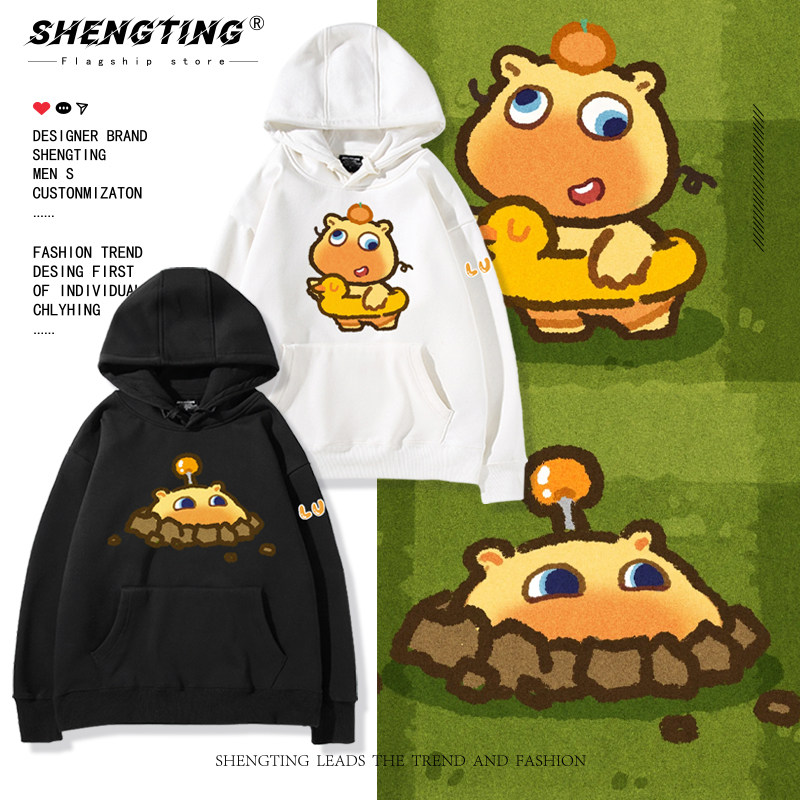 水豚噜噜联名植物大战僵尸周边连帽卫衣男女儿童秋冬加绒休闲上衣