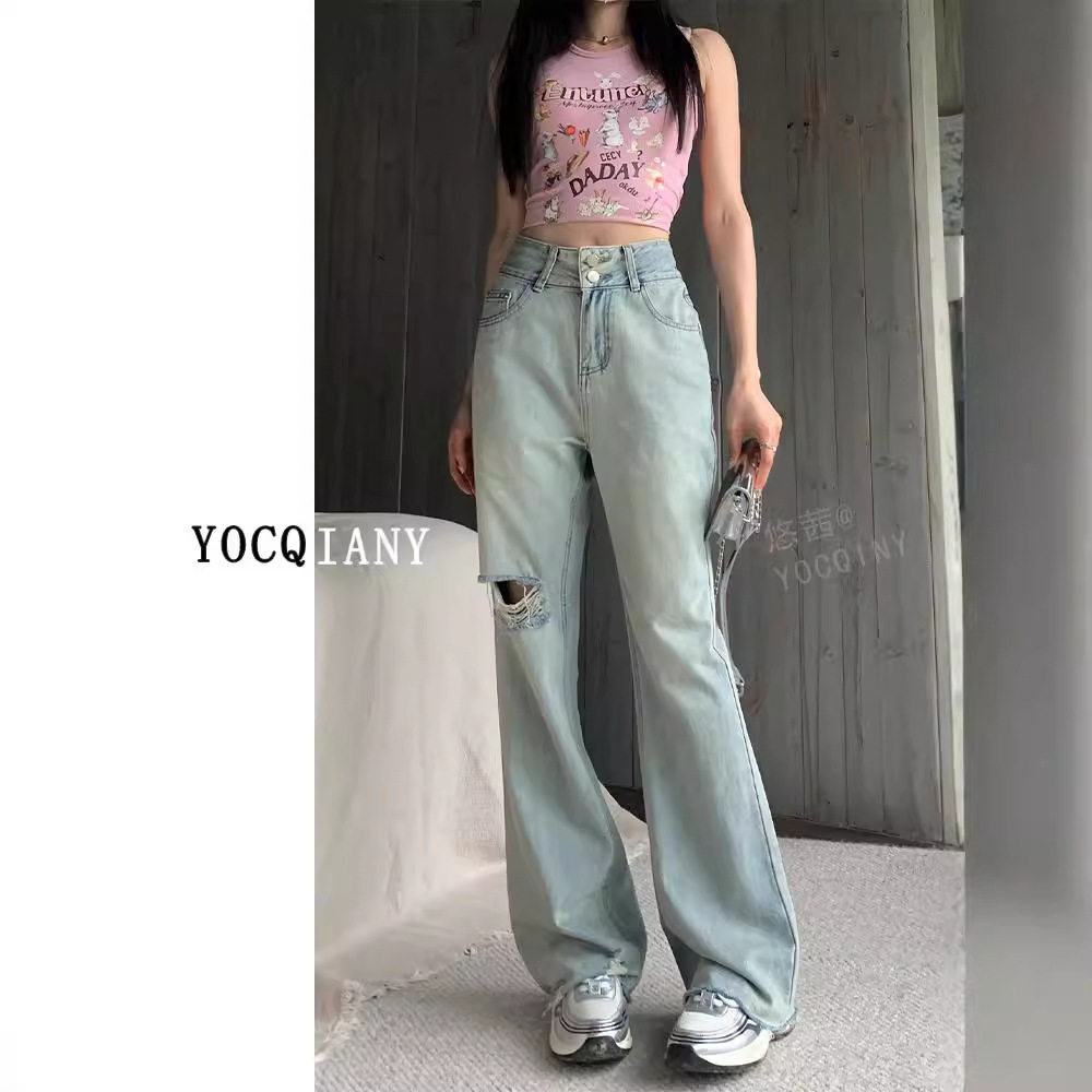 不贴腿蓝色破洞微喇牛仔裤女夏季新款高腰显瘦美式高街马蹄喇叭裤,女装/女士精品,牛仔裤,淘宝优惠券,粉丝福利购,淘宝优惠卷