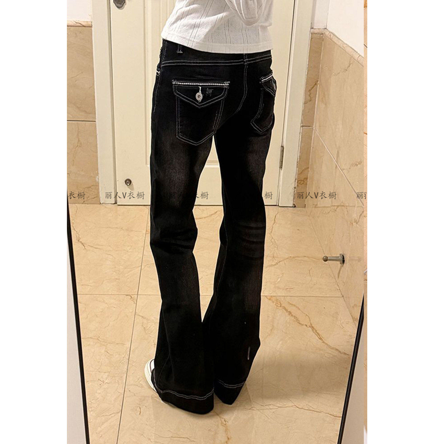 美式高街水洗明线设计低腰牛仔裤子女y2k千禧风辣妹微喇叭拖地裤,女装/女士精品,牛仔裤,淘宝优惠券,粉丝福利购,淘宝优惠卷