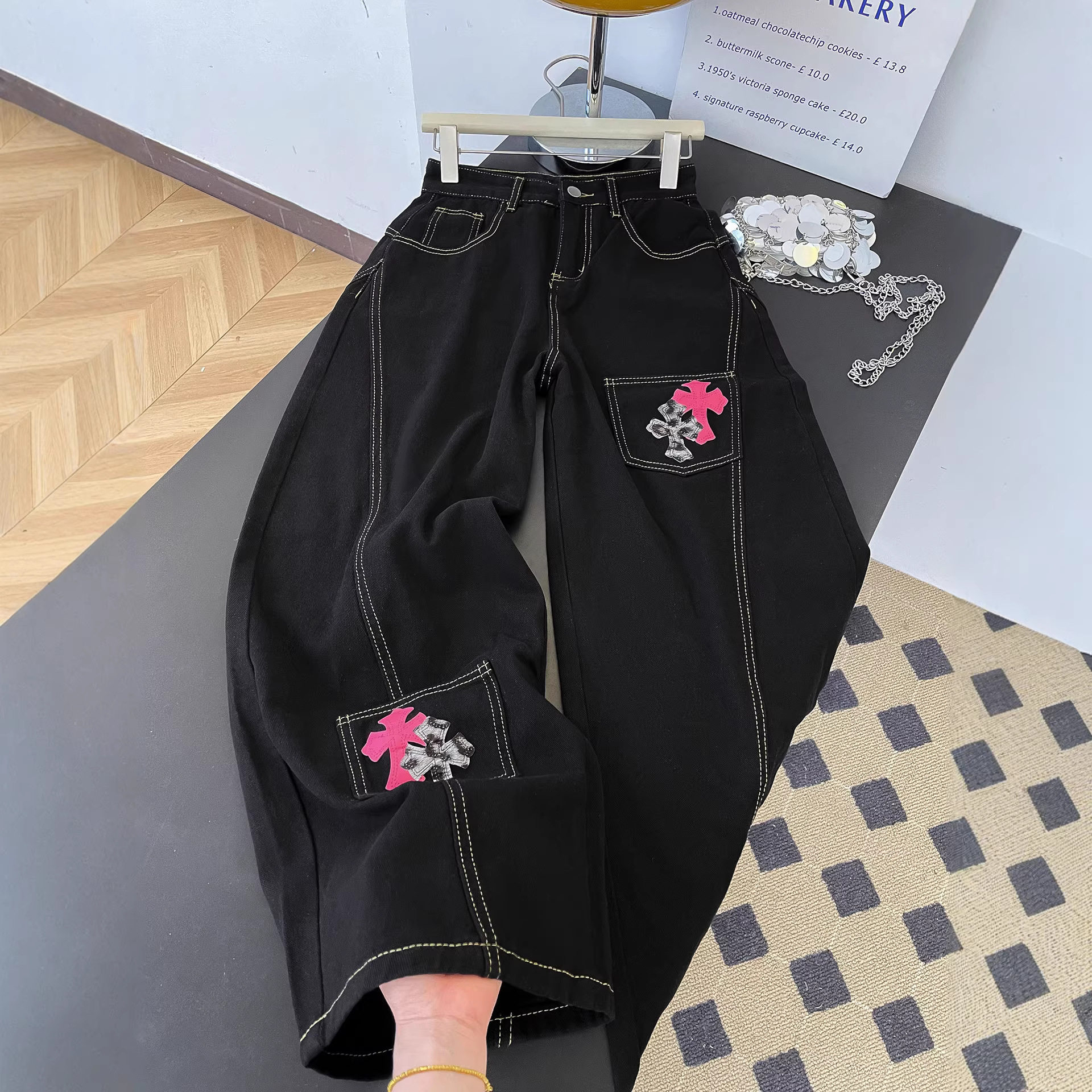 黑色明线设计感贴布刺绣弯刀牛仔裤女春季显瘦百搭高腰宽松阔腿裤,女装/女士精品,牛仔裤,淘宝优惠券,粉丝福利购,淘宝优惠卷