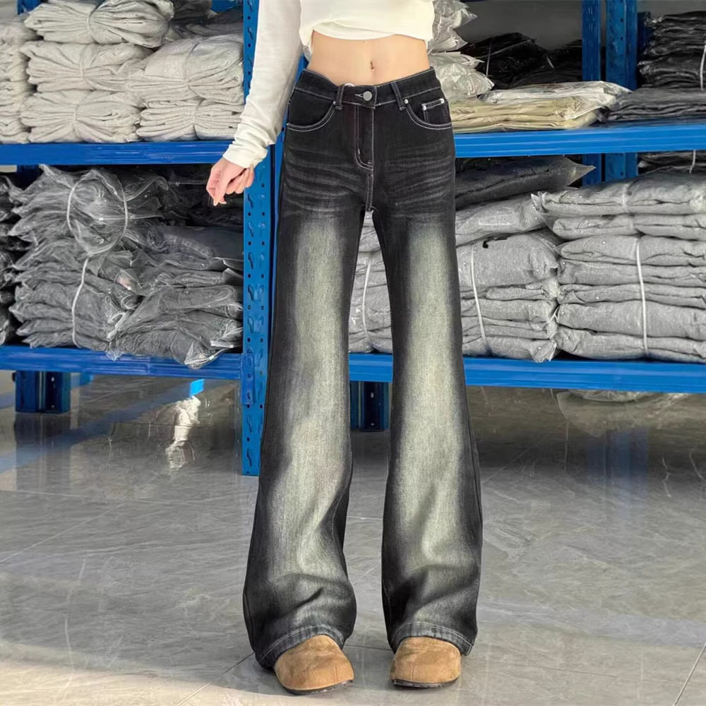 美式磨白折痕微喇牛仔裤女秋冬新款低腰辣妹阔腿裤不贴腿拖地长裤,女装/女士精品,牛仔裤,淘宝优惠券,粉丝福利购,淘宝优惠卷