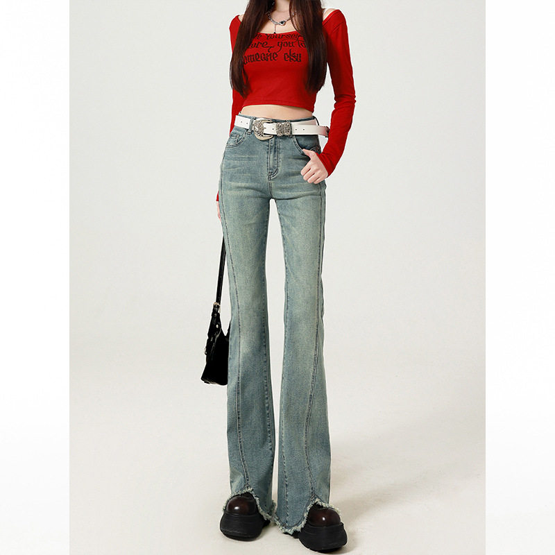 春季新款美式复古微喇牛仔裤女春款时尚百搭高腰显瘦毛边开叉裤子,女装/女士精品,牛仔裤,淘宝优惠券,粉丝福利购,淘宝优惠卷