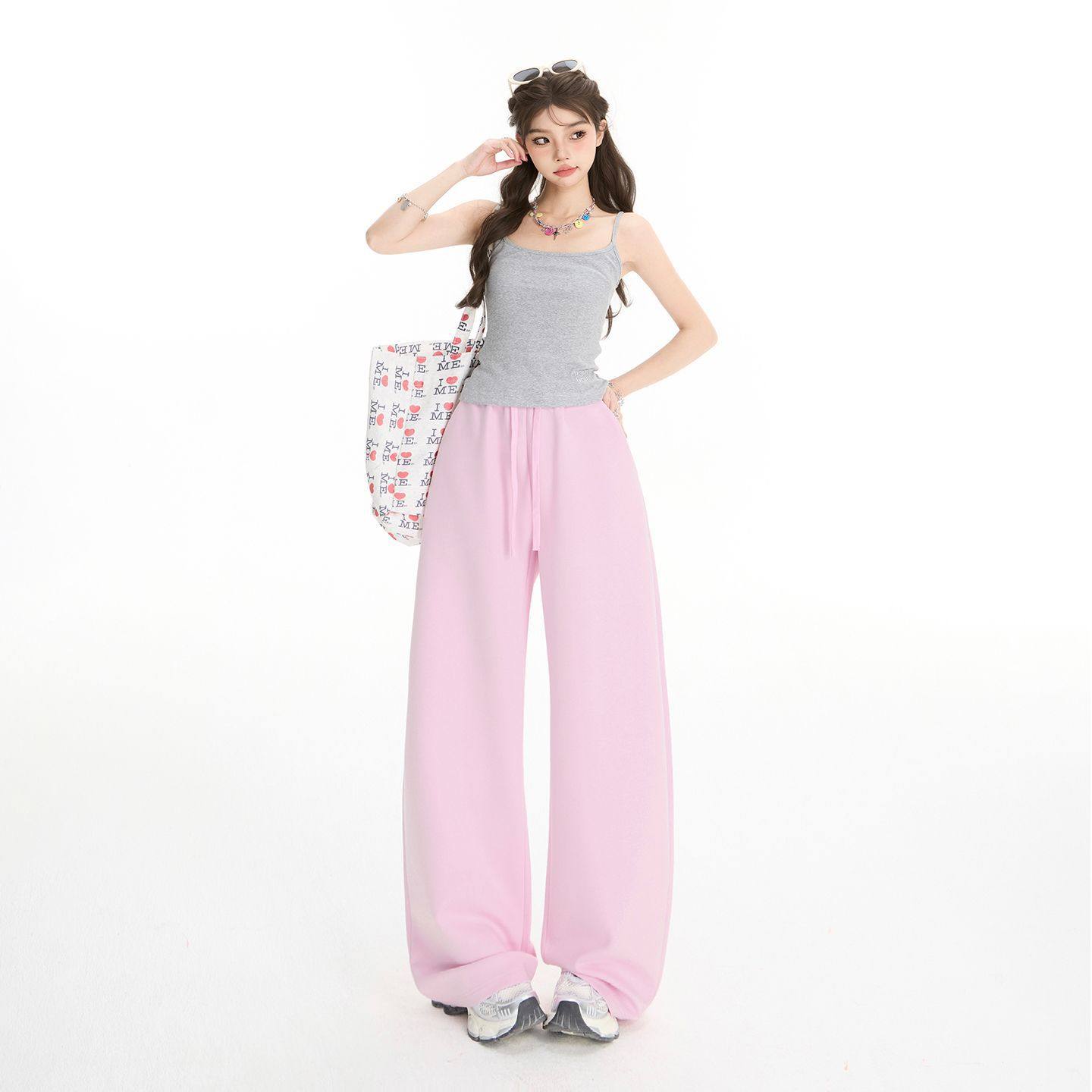 2026春夏美式复古高腰宽松阔腿裤抽绳松紧腰垂感弯刀裤休闲裤女,女装/女士精品,休闲裤,淘宝优惠券,粉丝福利购,淘宝优惠卷